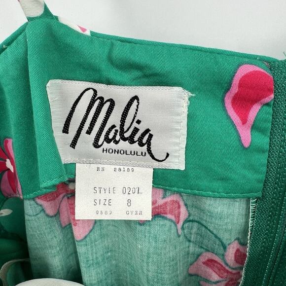 Vintage Malia Honolulu Hawaiian Floral Tropical Midi Dress Tie Belt Green Size 8 - Picture 8 of 8